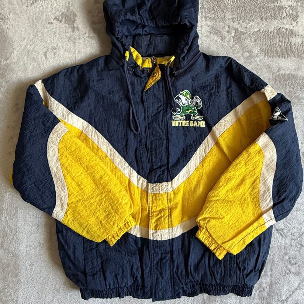 Vintage Apex One Notre Dame Fighting Irish Navy Yellow Windbreaker Jacket Mens L
